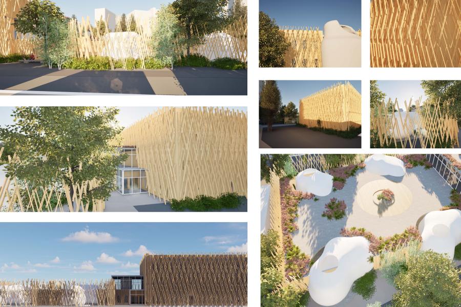 A modern architectural building features crisscrossing wooden designs, lush greenery, and curved white structures, under a clear blue sky, exuding tranquility.