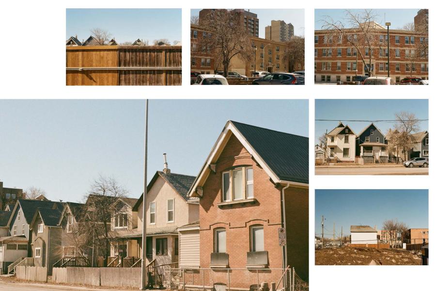 Collage of urban residential scenes with brick and wooden houses under clear blue skies. A few cars and bare trees add a peaceful tone.