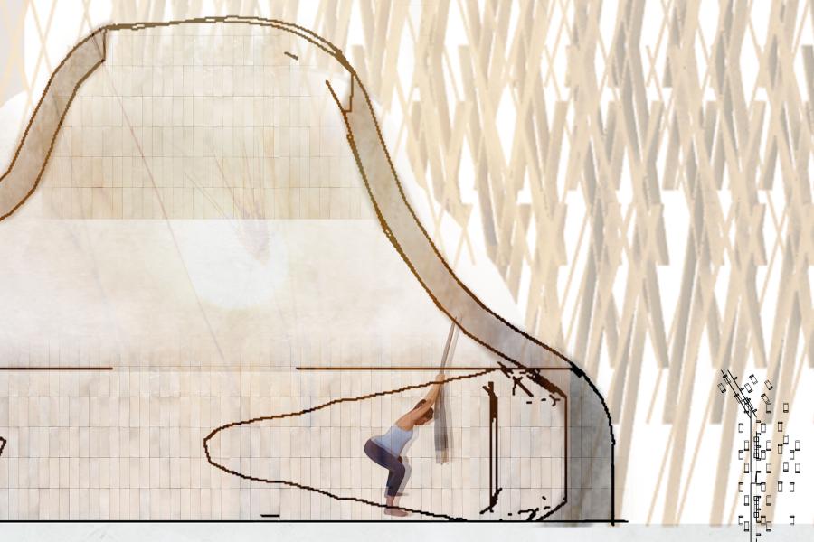 Illustration of a woman stretching inside an abstract, organic-shaped structure with a grid overlay. Background features vertical tan lines, suggesting movement.