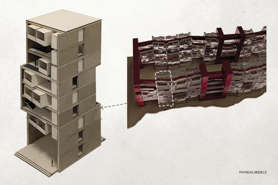 Model of a modern, multi-story building with protruding balconies on the left. On the right, a semi-transparent, curved structure linked with an arrow.