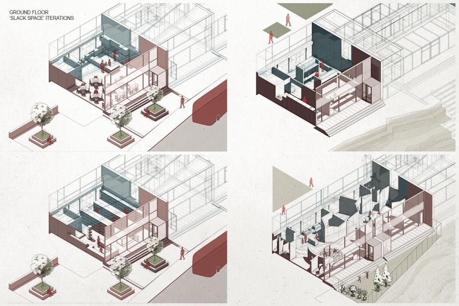 Four architectural isometric diagrams showing different iterations of a ground floor space. Each design includes figures and furniture, highlighting open-plan layouts. Trees, plants, and subtle colors create a modern, collaborative atmosphere.