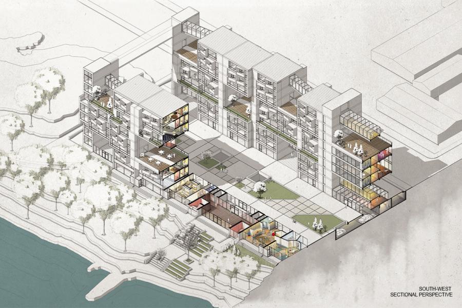Isometric architectural drawing of a modern, multi-story building with open green terraces. It sits on a landscaped area near water, with detailed, colorful interiors.