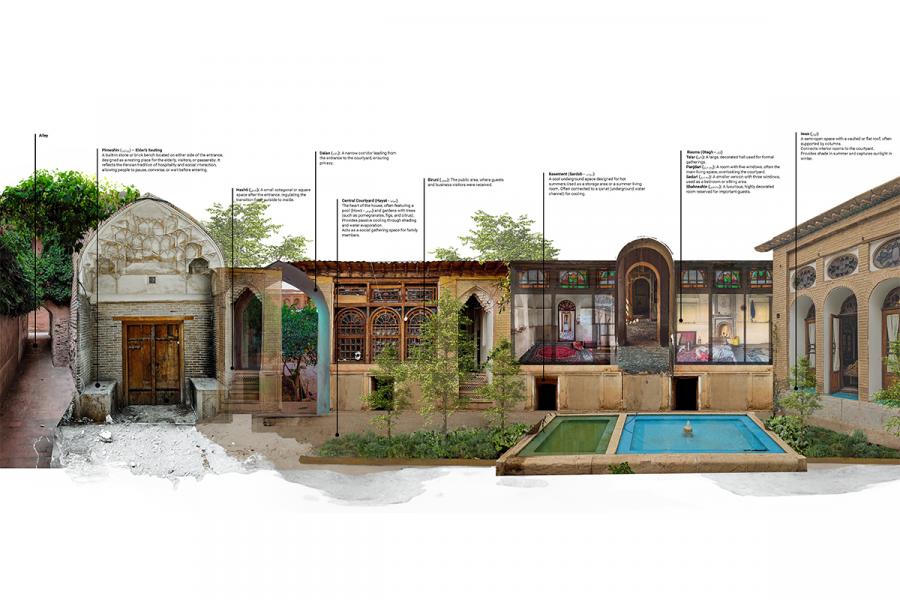 Cross-section of a traditional house showing an alley, entrance, and rooms. Lush greenery surrounds a courtyard with a vibrant blue pool, conveying tranquility.