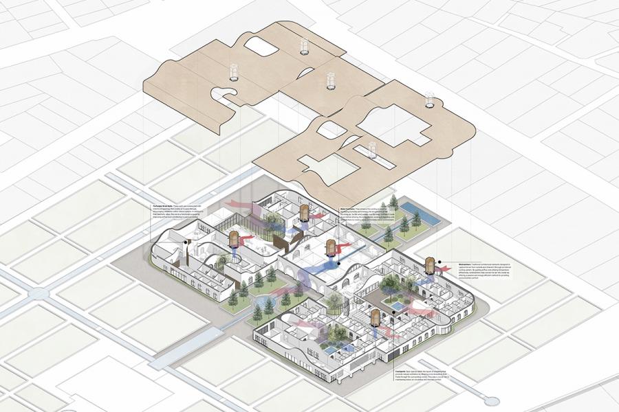 Exploded architectural diagram showcasing a building layout with various rooms, trees, and pathways. A beige overlay represents the roof structure, creating a sense of depth.