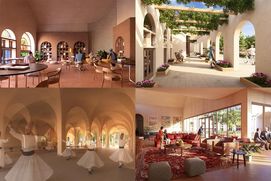 A collage of four serene indoor and outdoor spaces: a cozy library lounge, sunny vine-covered patio, elegant whirling dance hall, and a vibrant, social living room.