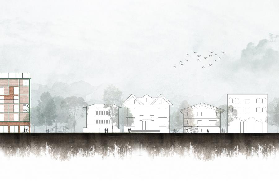 Architectural elevation showing a row of buildings including a detailed brick structure. Trees and a flock of birds enhance a serene background.