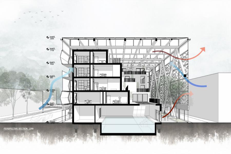 Cross-section of a multi-level building showing internal rooms, staircases, and an atrium. Arrows indicate airflow. Trees and birds are in the background.