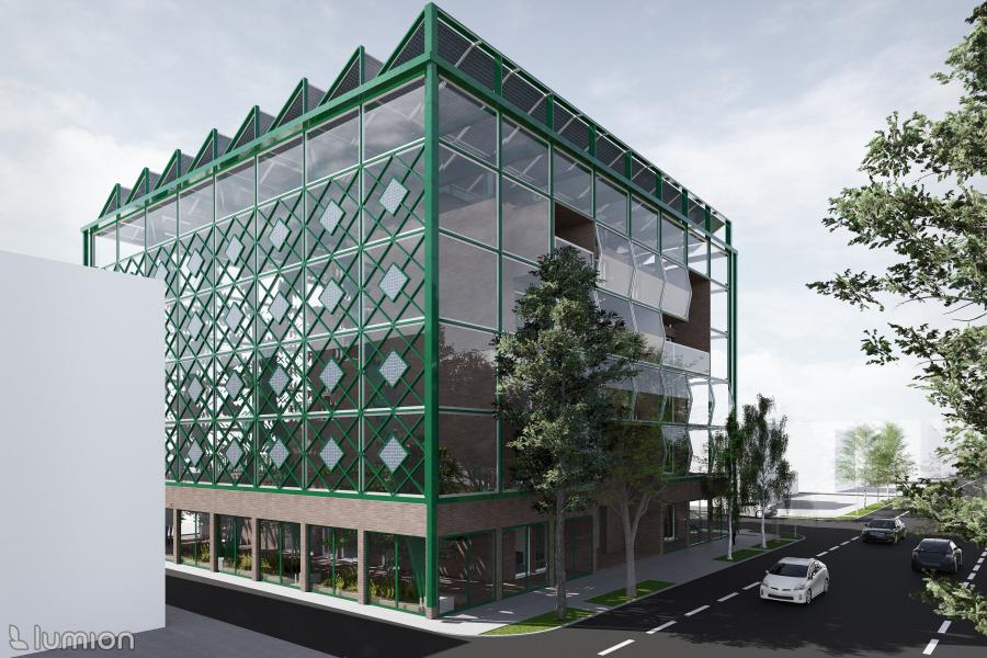 Modern building with a green lattice structure and glass facade. Trees line the street, and cars are parked below. The design is sleek and innovative.