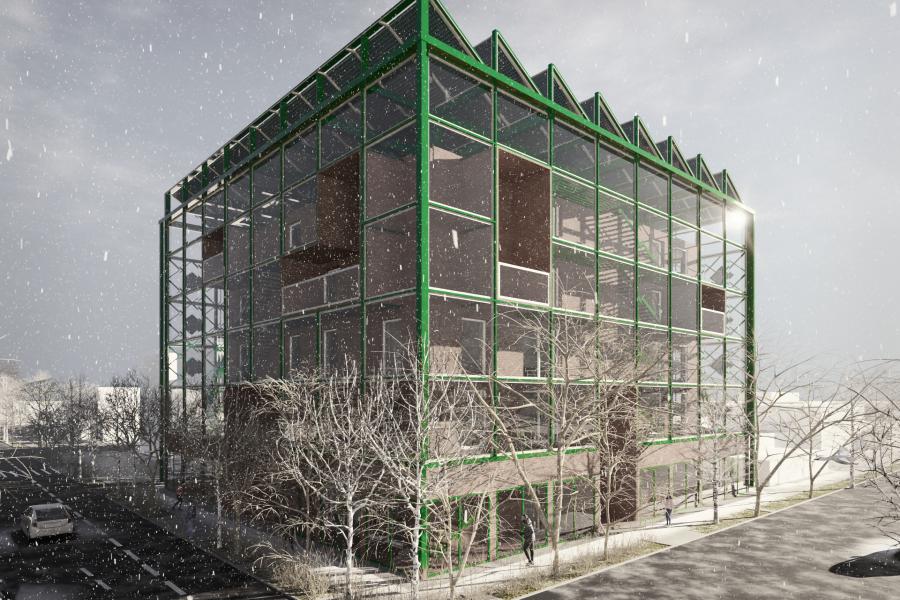 A modern, glass-walled building with a green frame stands in a snowy urban setting. Bare trees and a parked car line the street, evoking a serene winter scene.