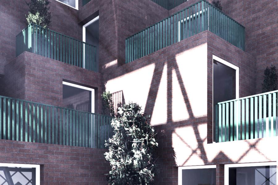 Modern interior courtyard with geometric red-brick architecture, green railings, and a patterned shadow. Potted trees add greenery, enhancing a calm atmosphere.