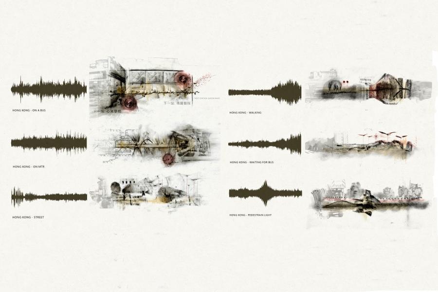 Collage of Hong Kong soundwaves and sketched scenes depicts urban life. Titles like "On a Bus" and "Walking" are paired with abstract imagery, creating a dynamic, layered city theme.
