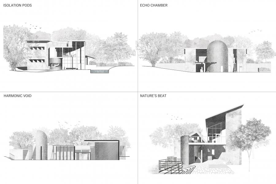 Four architectural sketches showcase modern structures surrounded by trees. "Isolation Pods" and "Nature’s Beat" feature open designs; "Echo Chamber" has a cylindrical element, while "Harmonic Void" appears linear. Birds add tranquility.