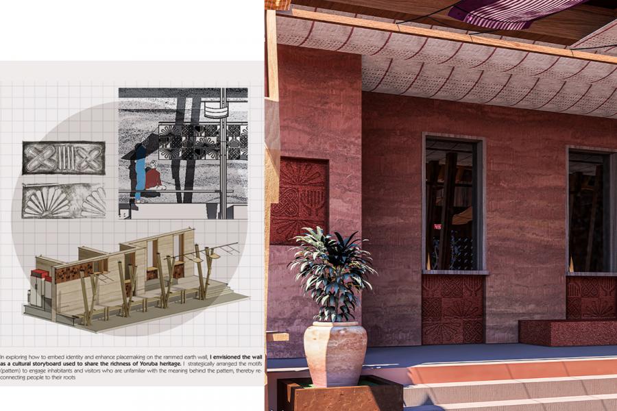Left side shows a storyboard with sketches of Yoruba-inspired motifs and wall designs. Right side depicts a modern building with a textured, reddish facade and decorative panel work, evoking cultural heritage.