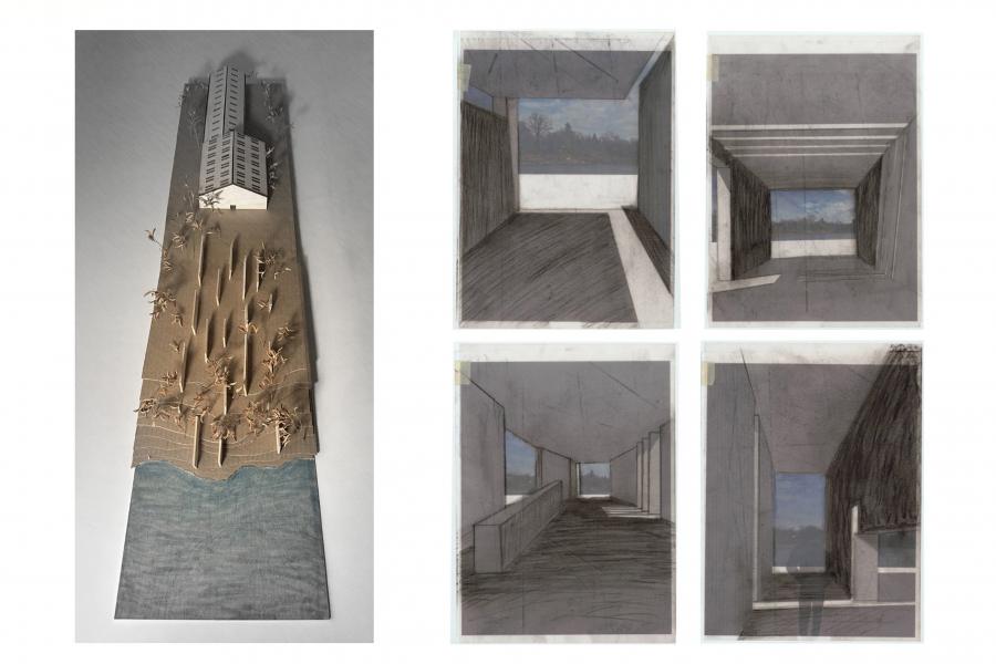 An architectural model and four interior sketches. The model shows a tall building on a hill by water, surrounded by trees. Sketches depict spacious rooms with large windows and natural light, suggesting a serene atmosphere.