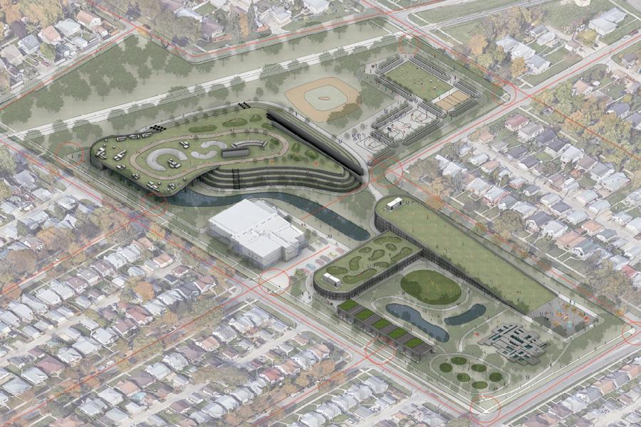 Aerial view of a modern urban park design with curving pathways, recreational fields, and green roofs, set amidst a suburban neighborhood of houses.