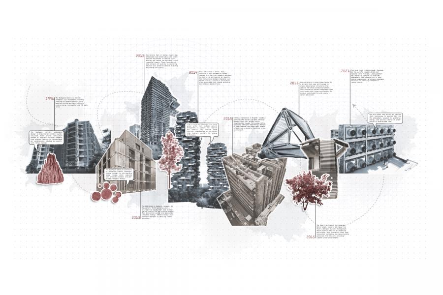 Collage of modern architectural buildings with floating text boxes highlighting key features and years. Red trees and grid background enhance the timeline theme.