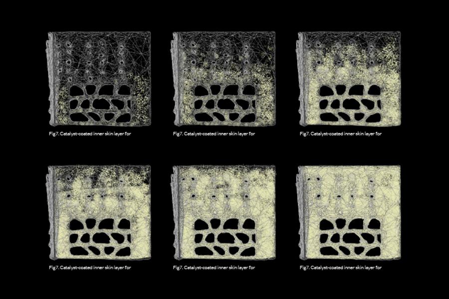 Six identical square illustrations display a catalyst-coated inner skin layer with intricate, web-like textures. Each labeled "Fig7" on a black background.