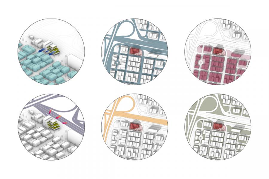 Six circular architectural diagrams show urban planning concepts with varying color-coded elements, depicting layouts with roads, buildings, and land use.