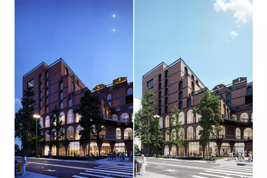 Split image of a brick building; left at dusk with glowing windows and streetlights, right in daylight with a vibrant blue sky. Trees and pedestrians present.