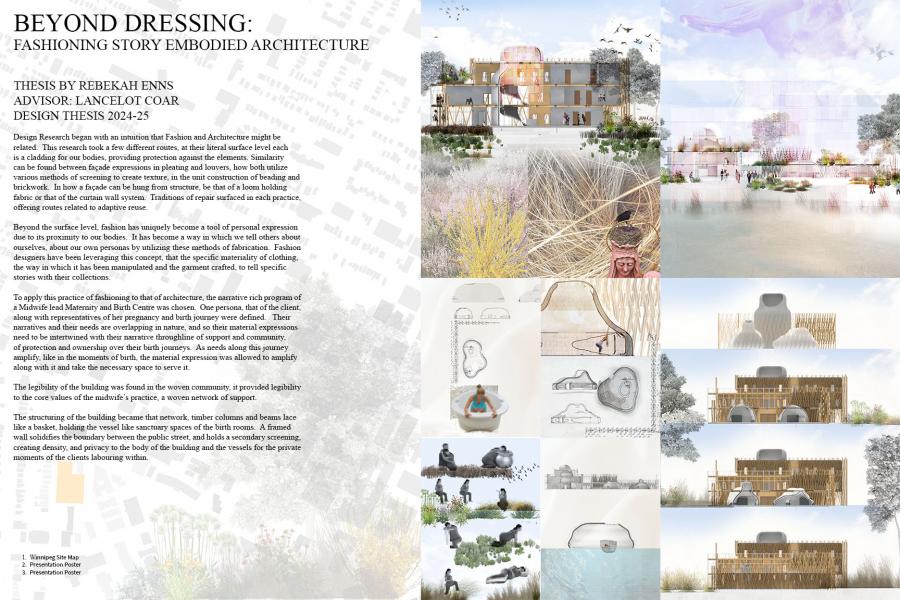 Architectural thesis poster titled 'Beyond Dressing' by Rebekah Enns, explores fashion and architecture intersection.