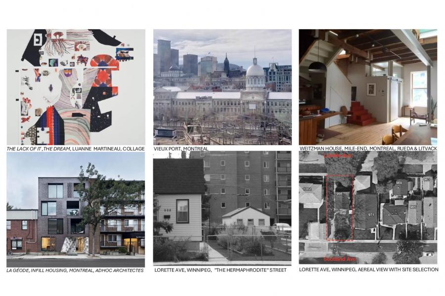 Collage of six architectural images: abstract art, Montreal's Old Port skyline, modern house interior, Montreal infill housing, Winnipeg street, and aerial view.