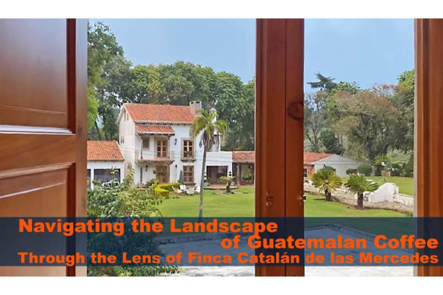 View through an open wooden door showing a charming white house with red roof tiles surrounded by green trees and grass. Text overlay discusses Guatemalan coffee.