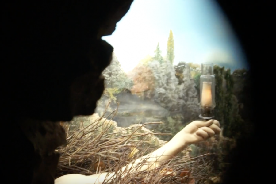 A mysterious scene through a dark opening reveals an outstretched arm holding a lit candle amidst a backdrop of twigs and a faded landscape painting.