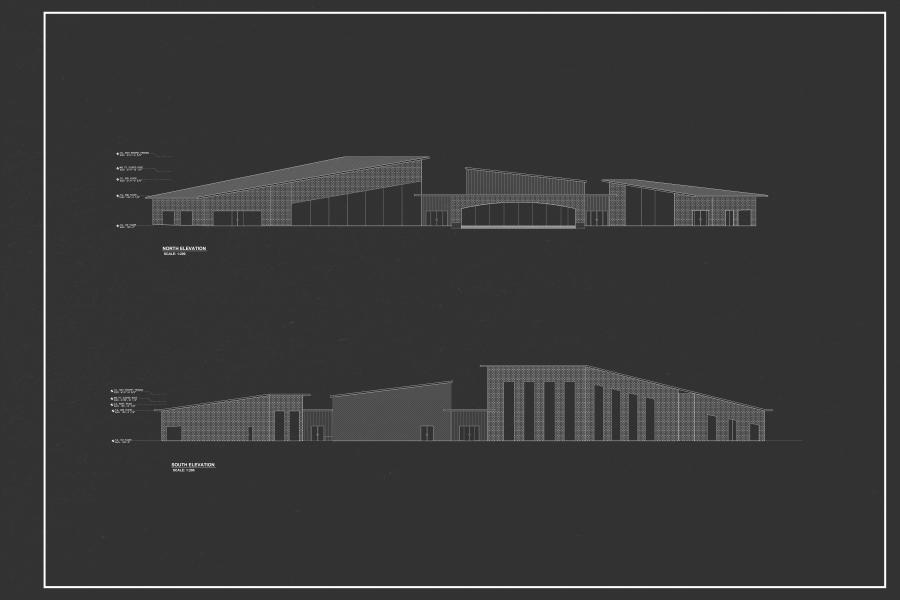 Architectural blueprint showing the north and south elevations of a modern building. Features slanted roofs and detailed structural lines on a dark background.
