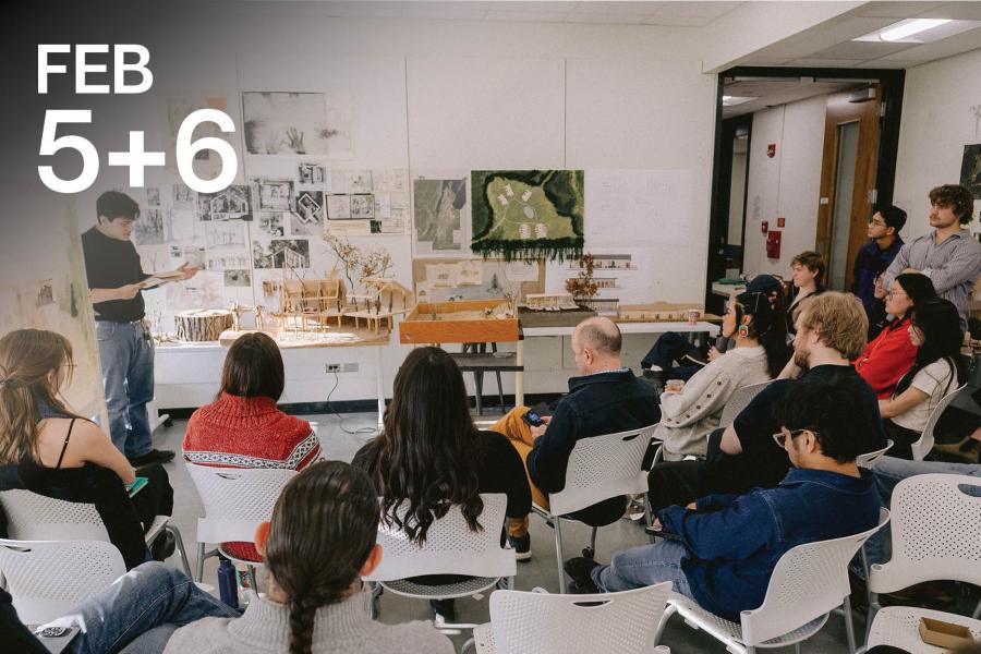 A man presents architectural models to an attentive audience in a classroom. The room is adorned with sketches and diagrams, creating an educational atmosphere.