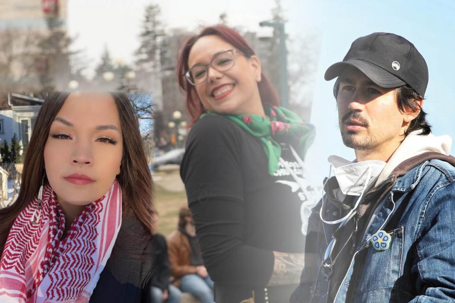 Collage of three diverse individuals outdoors: a woman in a red scarf, another smiling with glasses, and a man in a black cap. The mood is positive and vibrant.