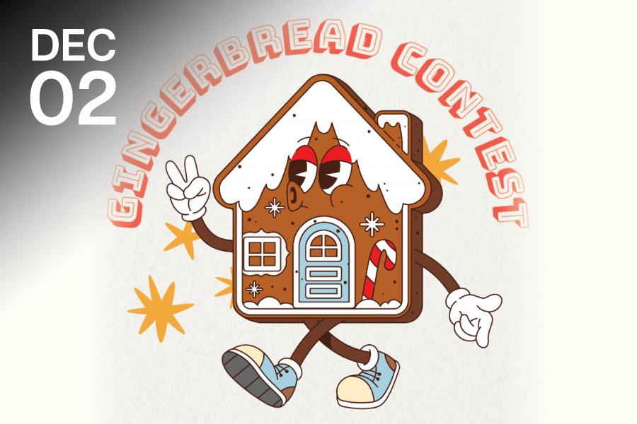 Cartoon gingerbread house with arms and legs, wearing sneakers, displays a peace sign. "Gingerbread Contest" is in arched text.
