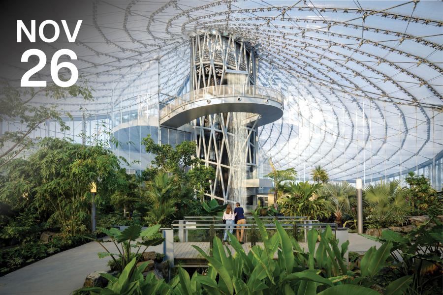 Spacious greenhouse with a glass dome and metal framework, housing lush greenery. Two people stand on a walkway, bathed in natural light.