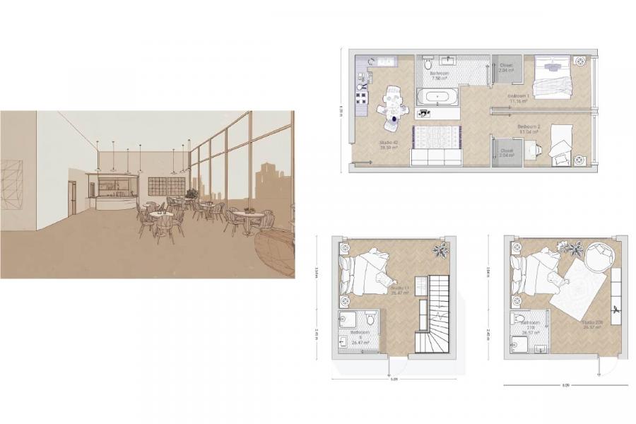 Split image of an open-concept cafe with large windows and a detailed floor plan for a multi-level apartment, showcasing room layouts and dimensions.