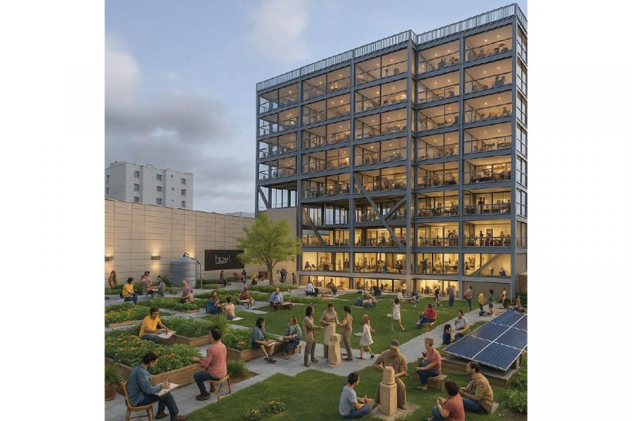 Outdoor gathering in an urban garden setting with numerous people socializing on green lawns. A multi-story, glass-front building is in the background.