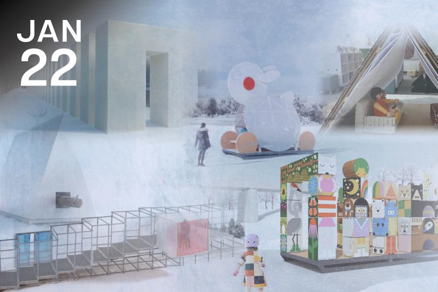 Collage of whimsical winter scenes featuring abstract sculptures, colorful cubist artwork, an igloo structure, and a person in winter wear. Snowy background sets a playful tone.