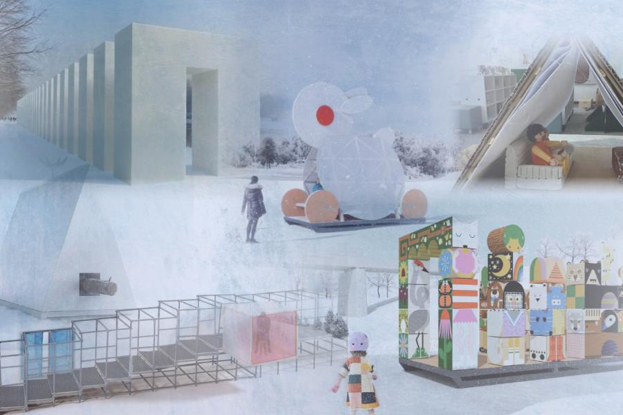 Collage of whimsical winter scenes featuring abstract sculptures, colorful cubist artwork, an igloo structure, and a person in winter wear. Snowy background sets a playful tone.