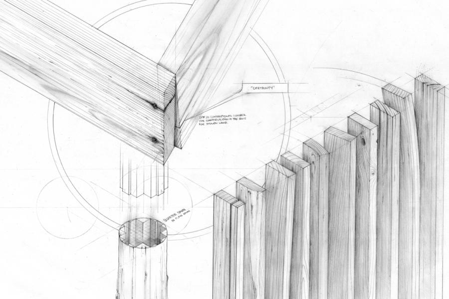 Technical drawing of wood joinery displays intersecting beams with precision. Detailed lines highlight construction techniques and geometric alignment.