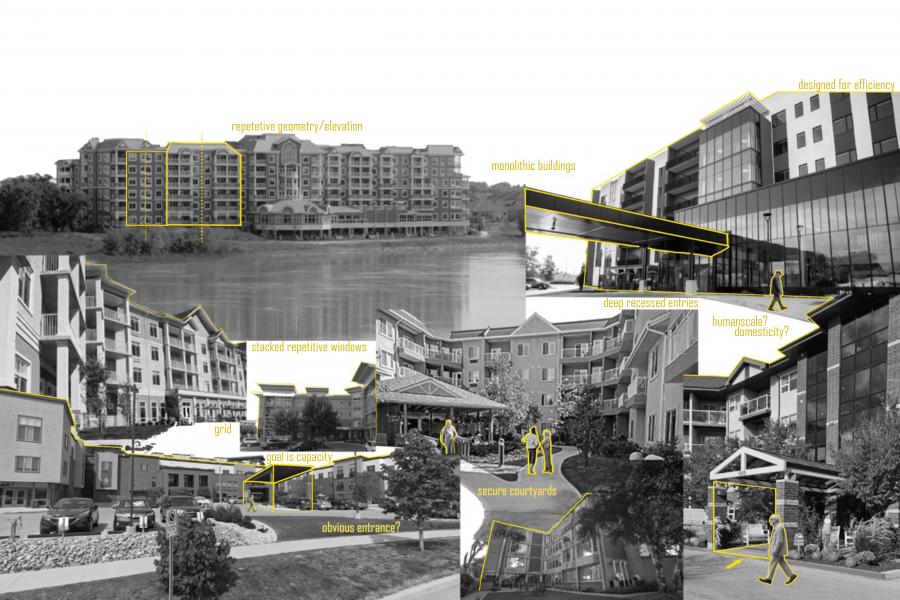 Collage of modern apartment complexes with annotations highlighting features like repetitive geometry, monolithic structures, secure courtyards, and deep entries.