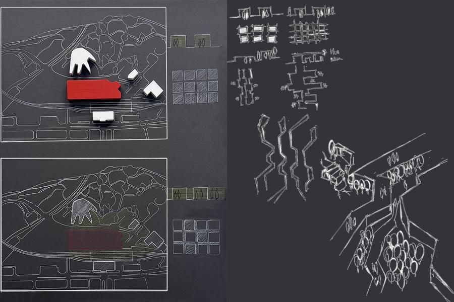 Abstract architectural sketches on a dark background, featuring geometric shapes, schematic outlines, and structural elements, conveying a modern design concept.