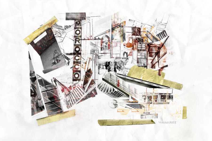 Abstract collage with a vintage Morocco sign, various architectural elements, and staircases overlaid on a crumpled white background, creating a nostalgic and chaotic mix.