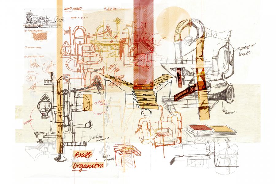 Intricate sketches and notes form a collage of abstract mechanical designs with musical instrument elements, dominated by warm hues of orange and red.
