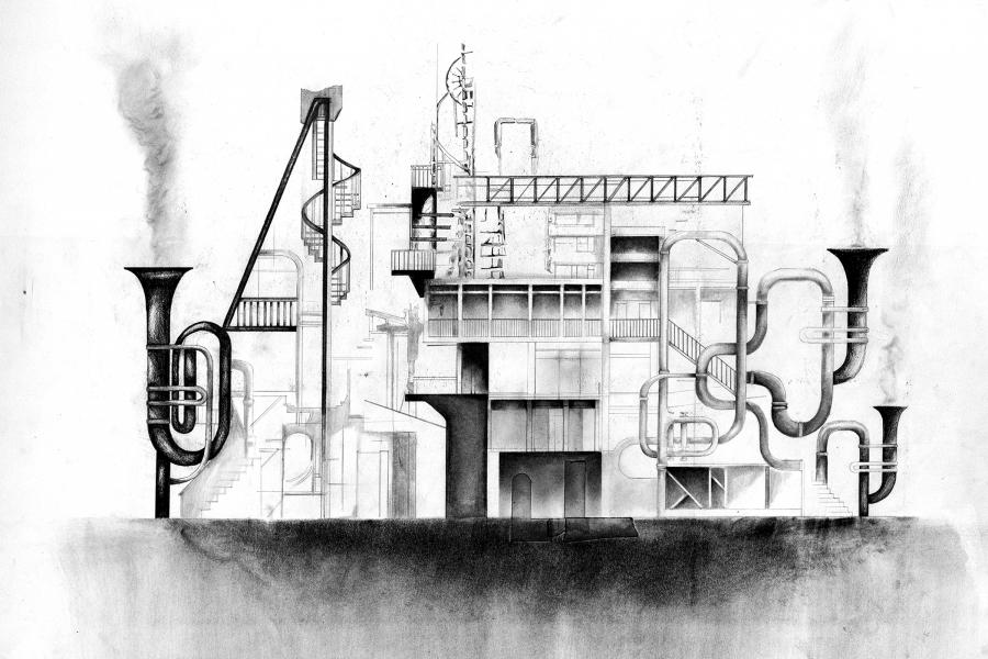 Monochrome drawing of a surreal factory with musical instruments integrated as structures. Pipes resemble trumpets, and smoke emerges, creating an enigmatic mood.