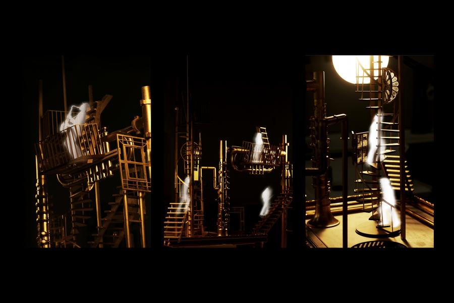 Abstract triptych with intricate golden structures, ladders, and spirals. Ethereal white figures appear to climb and explore, evoking mystery and curiosity.