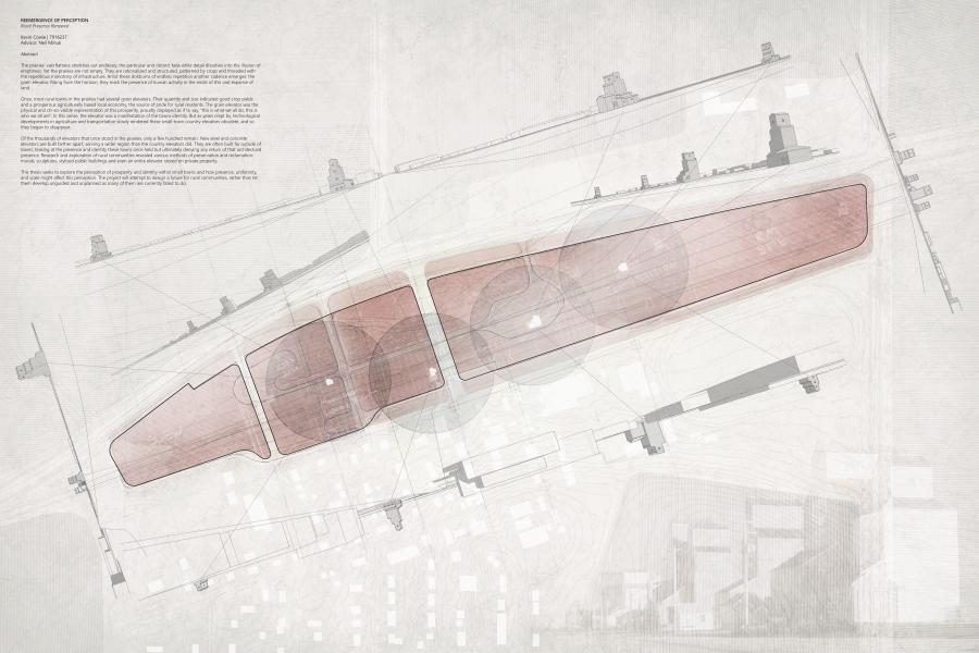 A technical architectural site plan featuring three large, overlapping, red-tinted rectangular plots with circular markings. Dense grid of lines and text overlays on a light background.