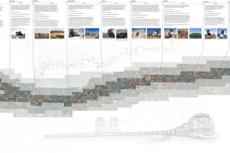 A detailed map outlines a lengthy landscape with annotations and images above, depicting architectural sites. The bottom left features text and a faint structure.