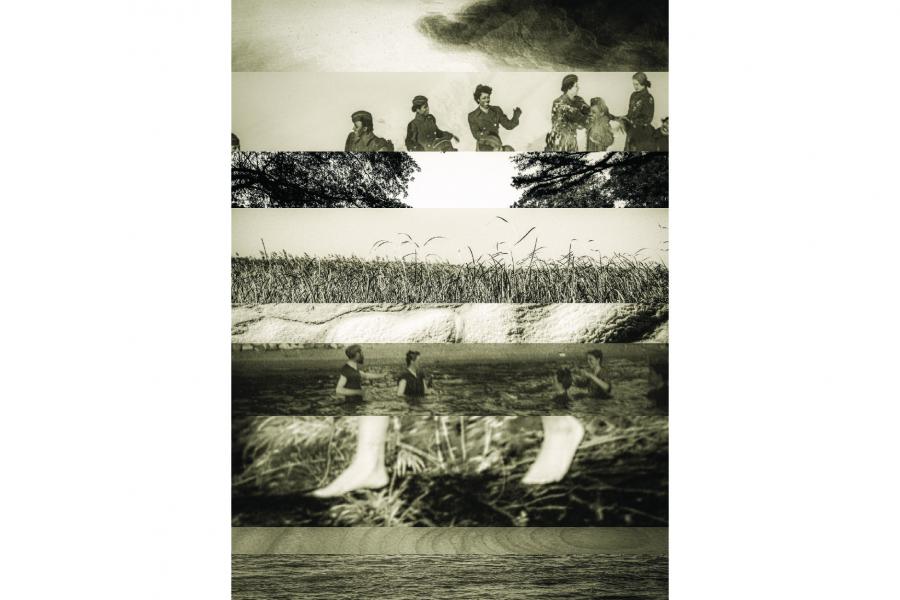 A collage of sepia-toned images in horizontal strips: soldiers, trees, a wheat field, people wading in water, and bare feet on grass, creating a nostalgic feel.