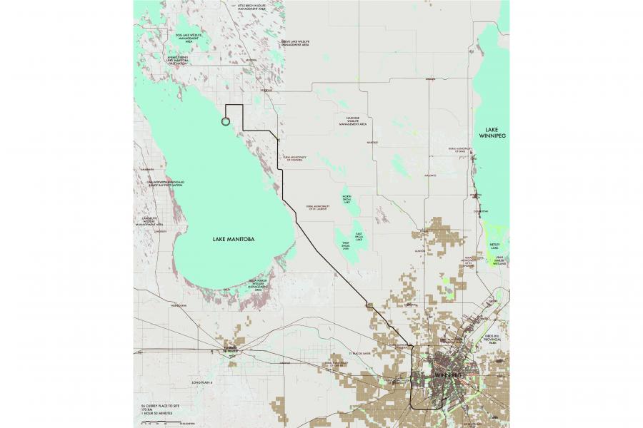 Map showing southern Manitoba, Canada, with prominent features including Lake Manitoba and Lake Winnipeg. It displays roads, towns, and topographic details.