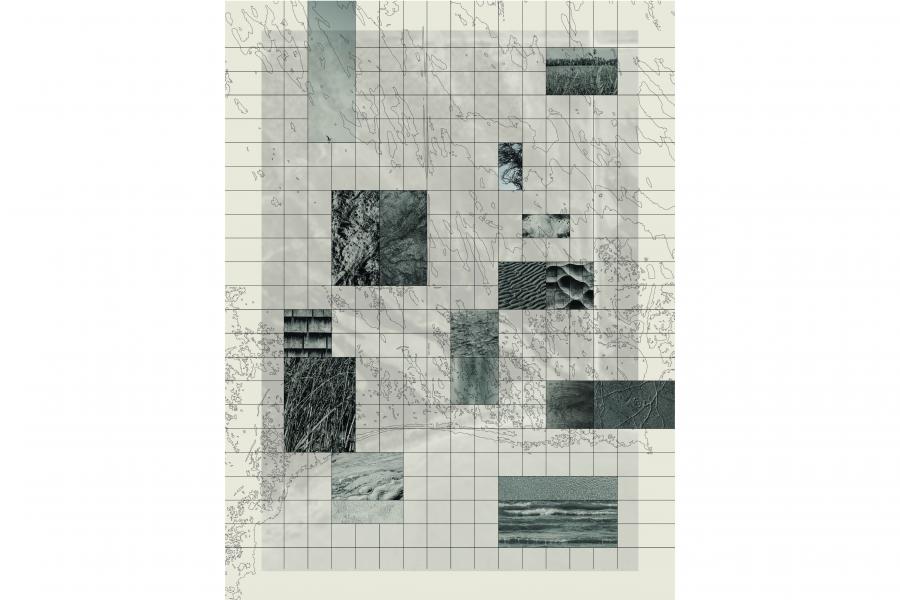 Abstract artwork with a grid overlay features various black and white textures and patterns, including organic forms and geometric shapes.