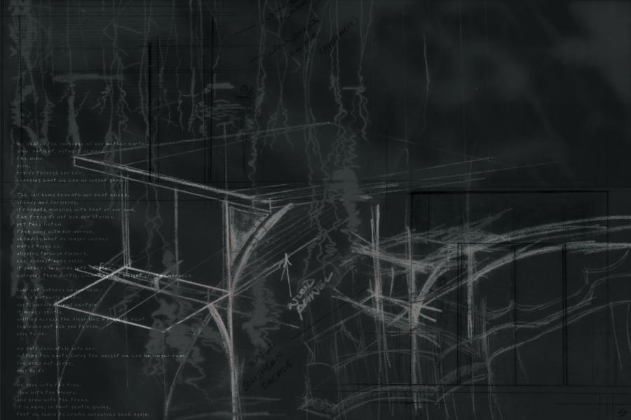 A dark sketch of architectural structures with white chalk-like lines. Streaks and shadows create a mysterious, abstract atmosphere.