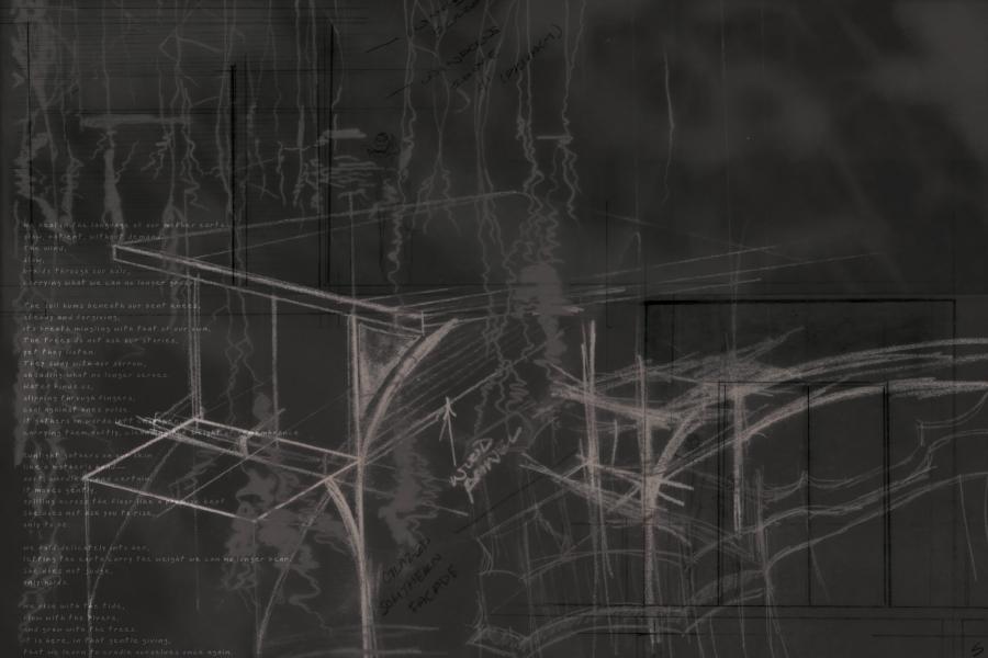 Abstract architectural sketch with white chalk lines on a dark gray background, featuring arches, grid patterns, and faint scribbled notes. Moody and intricate.